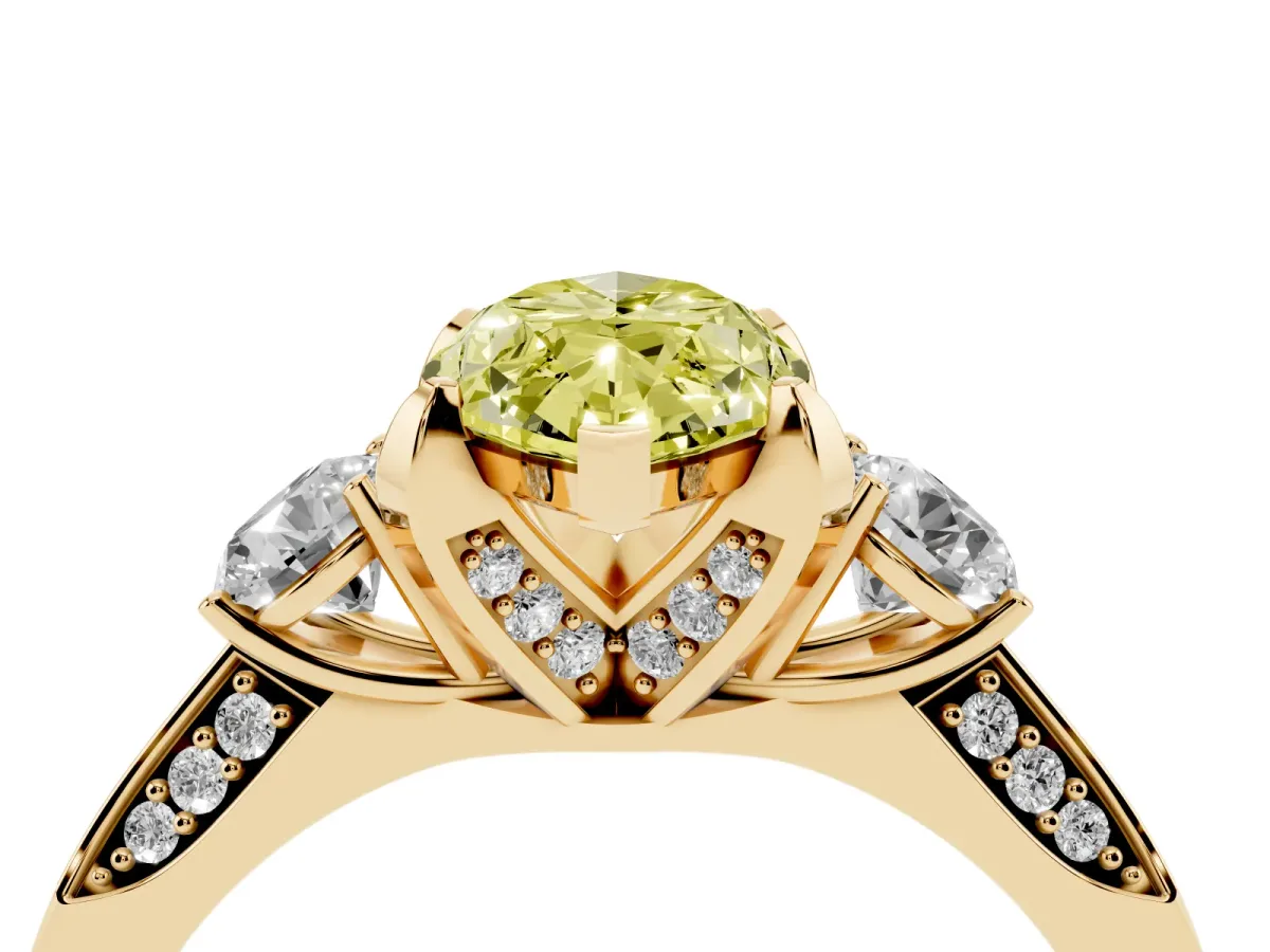 Fancy Yellow Marquise Cut Brilliant Three-Stone Diamond Ring with Pavé Band and Four-Prong Setting Yellow gold