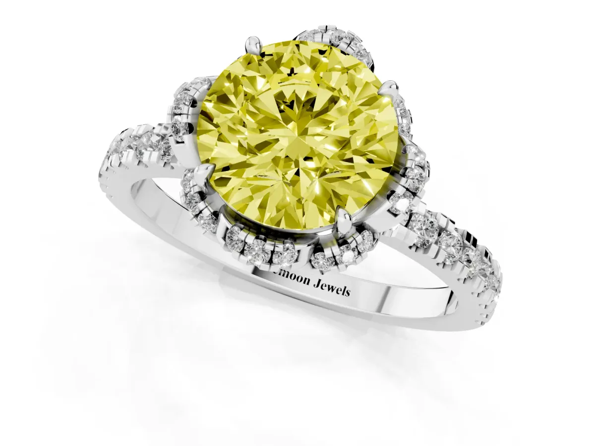 Fancy Yellow Round Cut Halo Diamond Pave Band Ring with Four-Prong Setting Silver