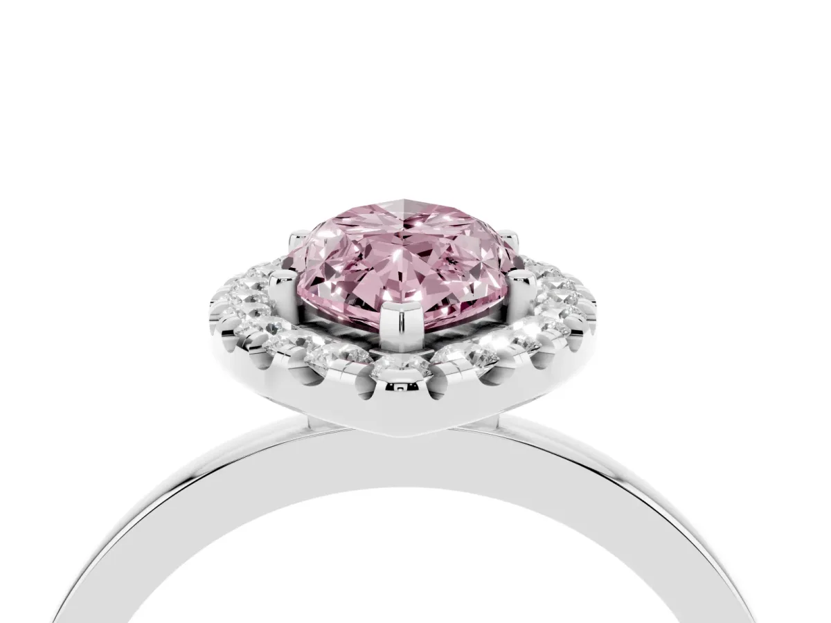 Fancy Pink Marquise Cut Halo Diamond Solitaire with Pavé Band and Four-Prong Setting White gold