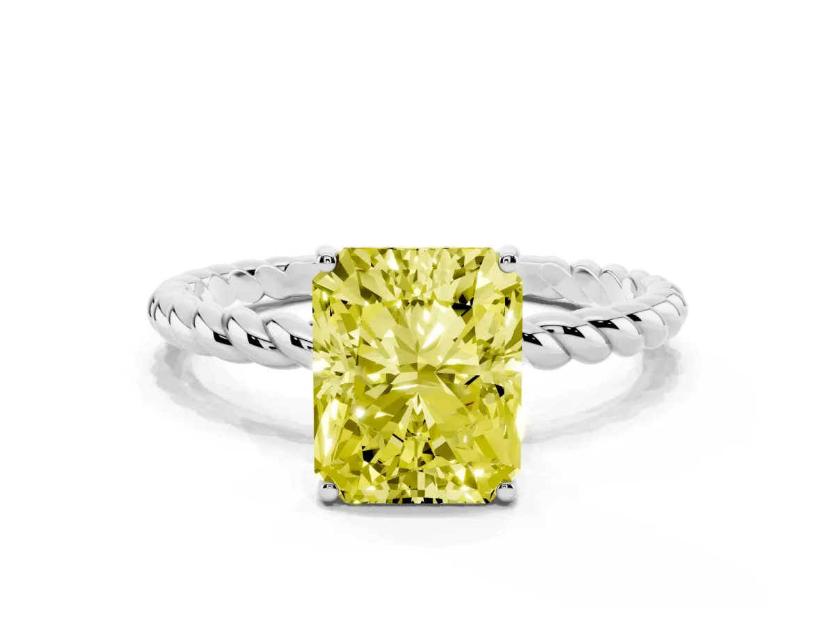 Fancy Yellow Radiant Cut Solitaire Twist Band Ring with Four-Prong Setting Silver