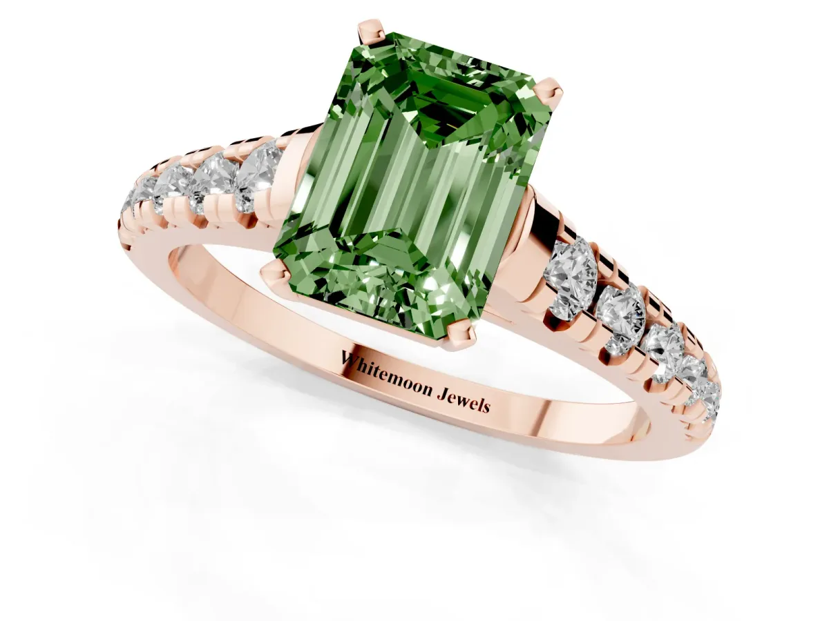 Fancy Green Emerald Cut Diamond Cathedral Solitaire Ring with Round Pavé Band Rose gold