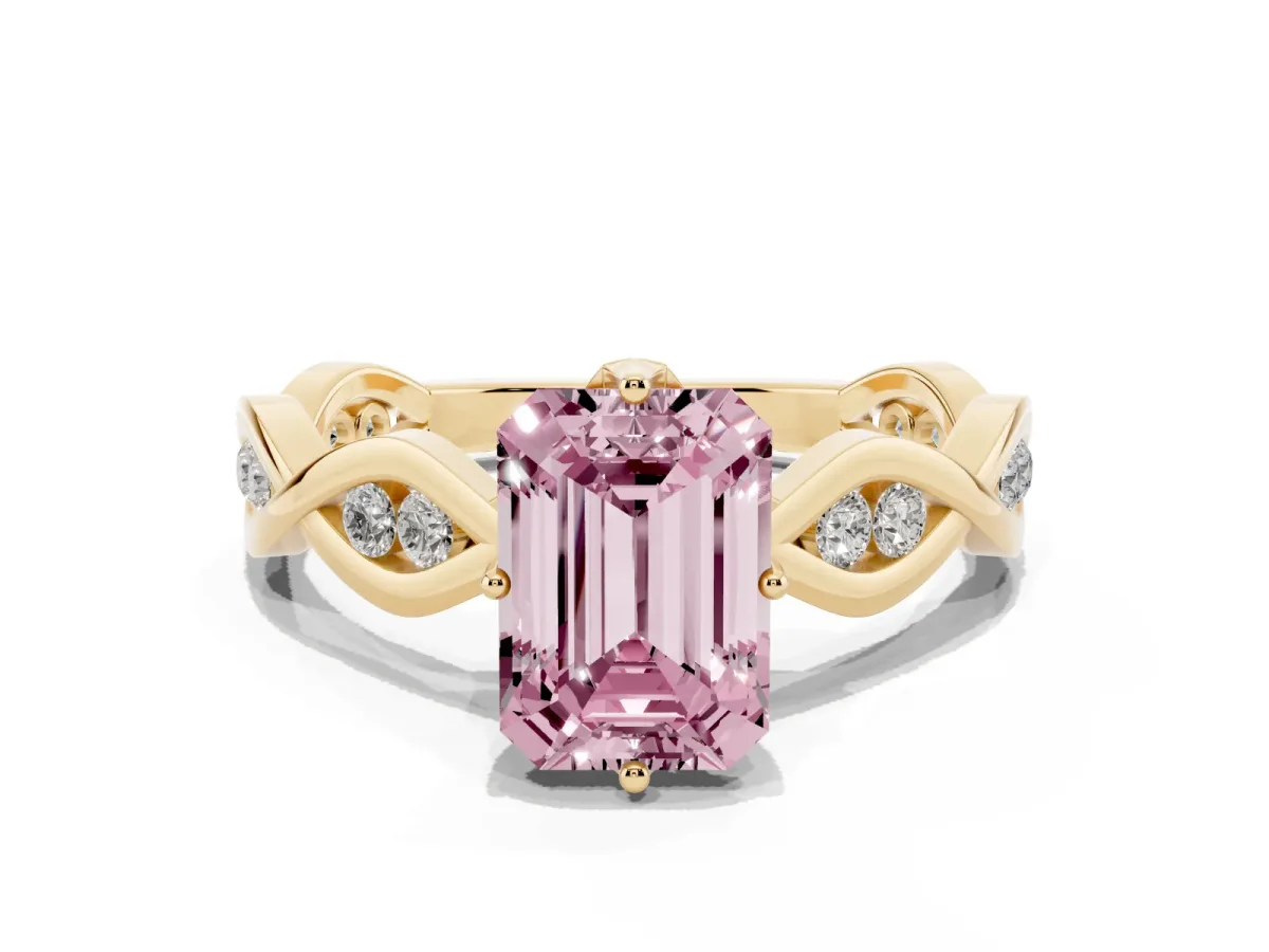 Fancy Pink Emerald Cut Solitaire Twist Band with Leaf Prong Setting Yellow gold