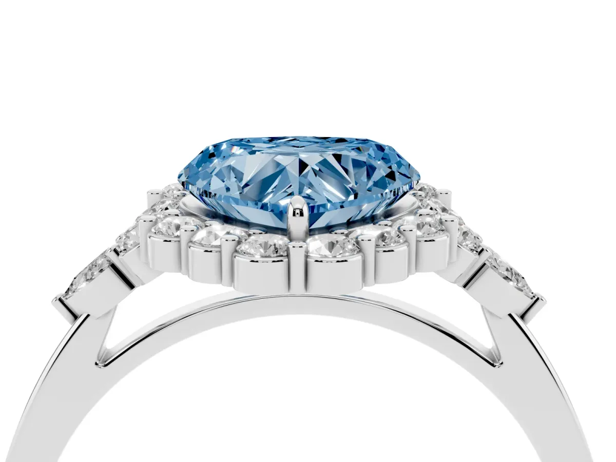 Fancy Blue Heart Cut Diamond Halo Ring with Pear Side Stones and Prong Setting Silver