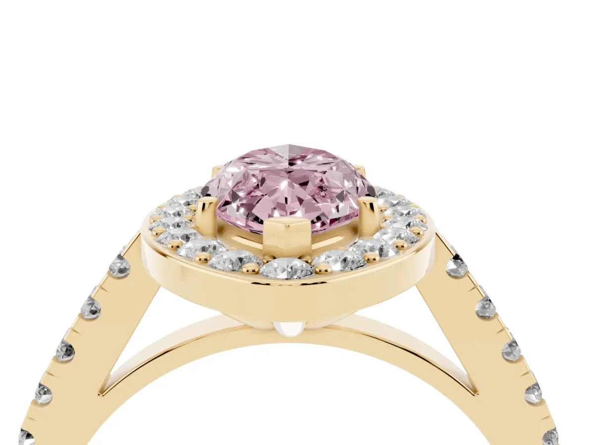 Fancy Pink Marquise Cut Diamond Halo Ring with Round Pavé Split Shank and Prong Setting Yellow gold