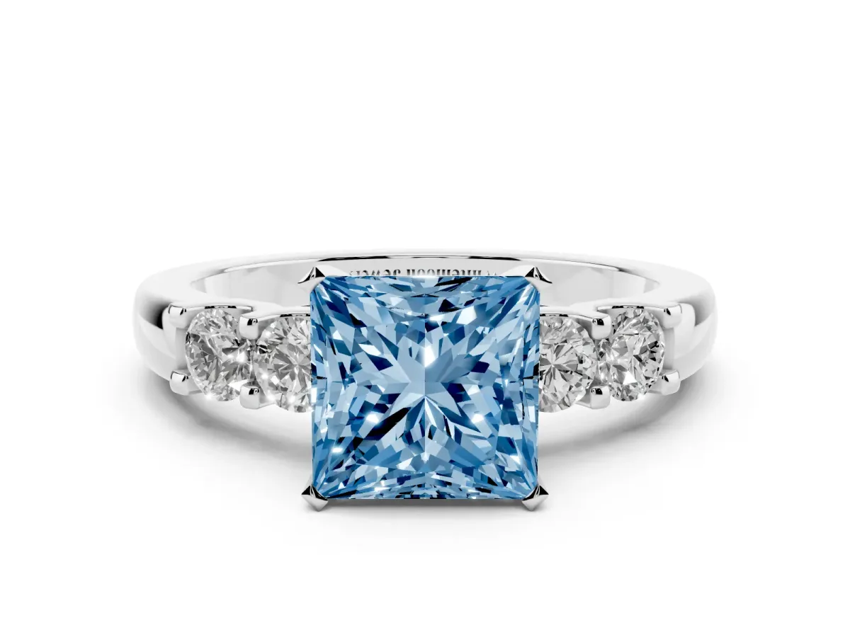 Fancy Blue Princess Cut Brilliant Cut Diamond Five-Stone Prong Set Engagement Ring with Channel Band Silver