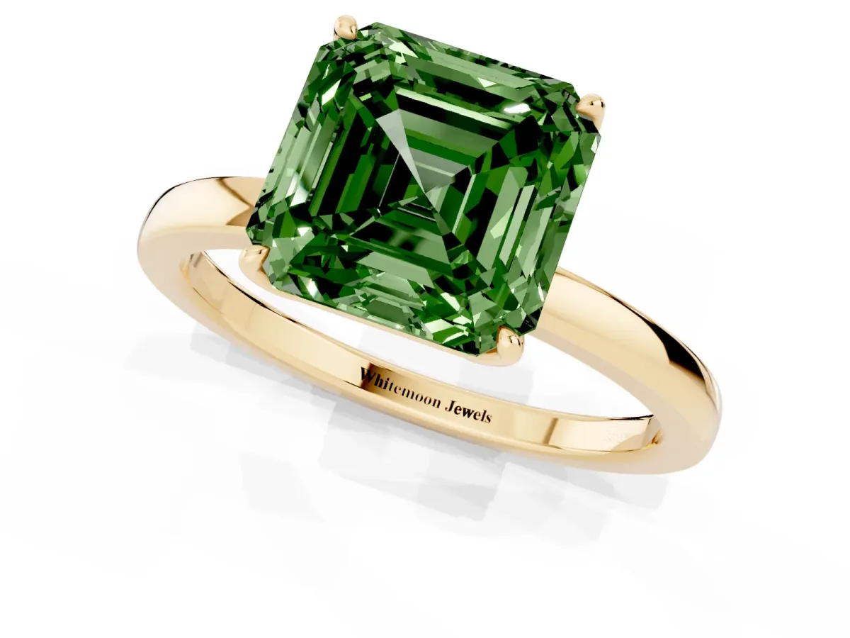Fancy Green Asscher Cut Diamond Solitaire Ring with Thin Band and Prong Setting Yellow gold