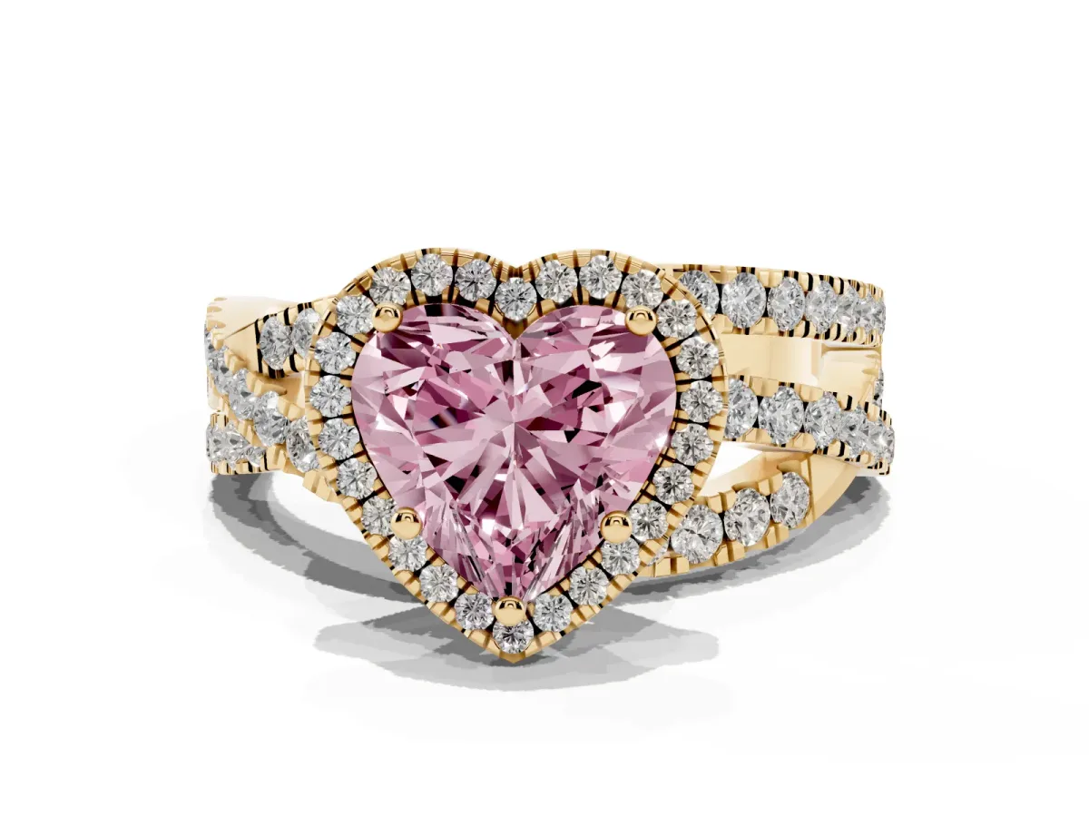 Fancy Pink Heart Cut Diamond Halo Ring with Round Split Shank and Prong Setting Yellow gold