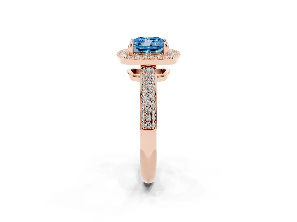Fancy Blue Cushion Cut Cut Halo Diamond Pave Band with Four-Prong Setting Rose gold