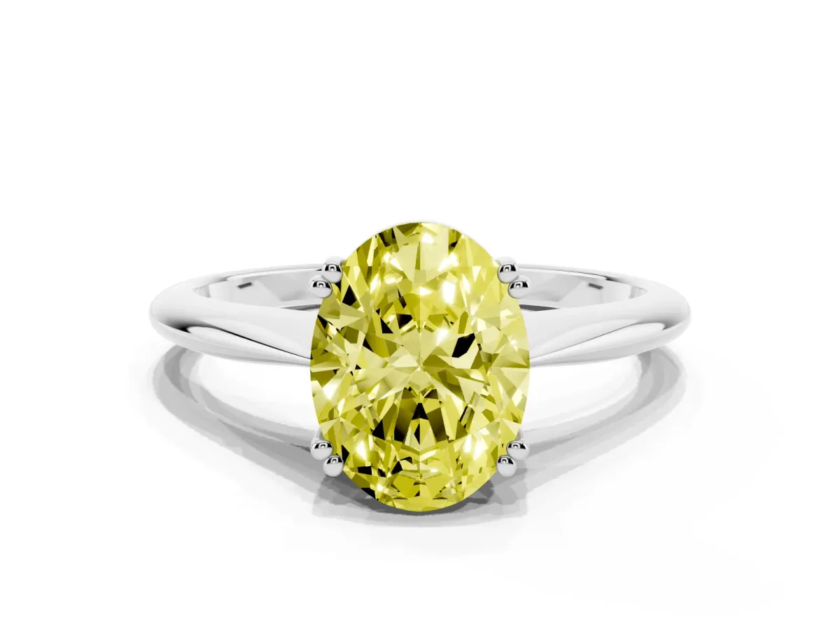 Fancy Yellow Oval Cut Solitaire Diamond Ring with Six-Prong Setting and Classic Band Silver