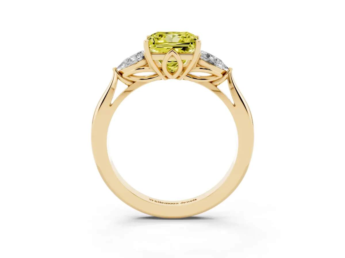 Fancy Yellow Three-Stone Princess Cut Diamond Ring with Pear Side Stones in Four-Prong Setting Yellow gold