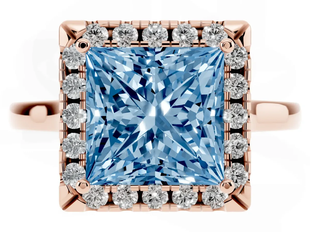 Fancy Blue Princess Cut Halo Round Diamond Solitaire Ring with Pavé Band and Four-Prong Setting Rose gold