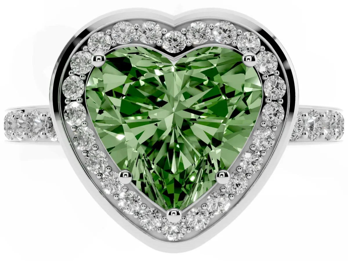 Fancy Green Heart Cut Diamond Halo Ring with Bezel Frame and Pavé Band Silver