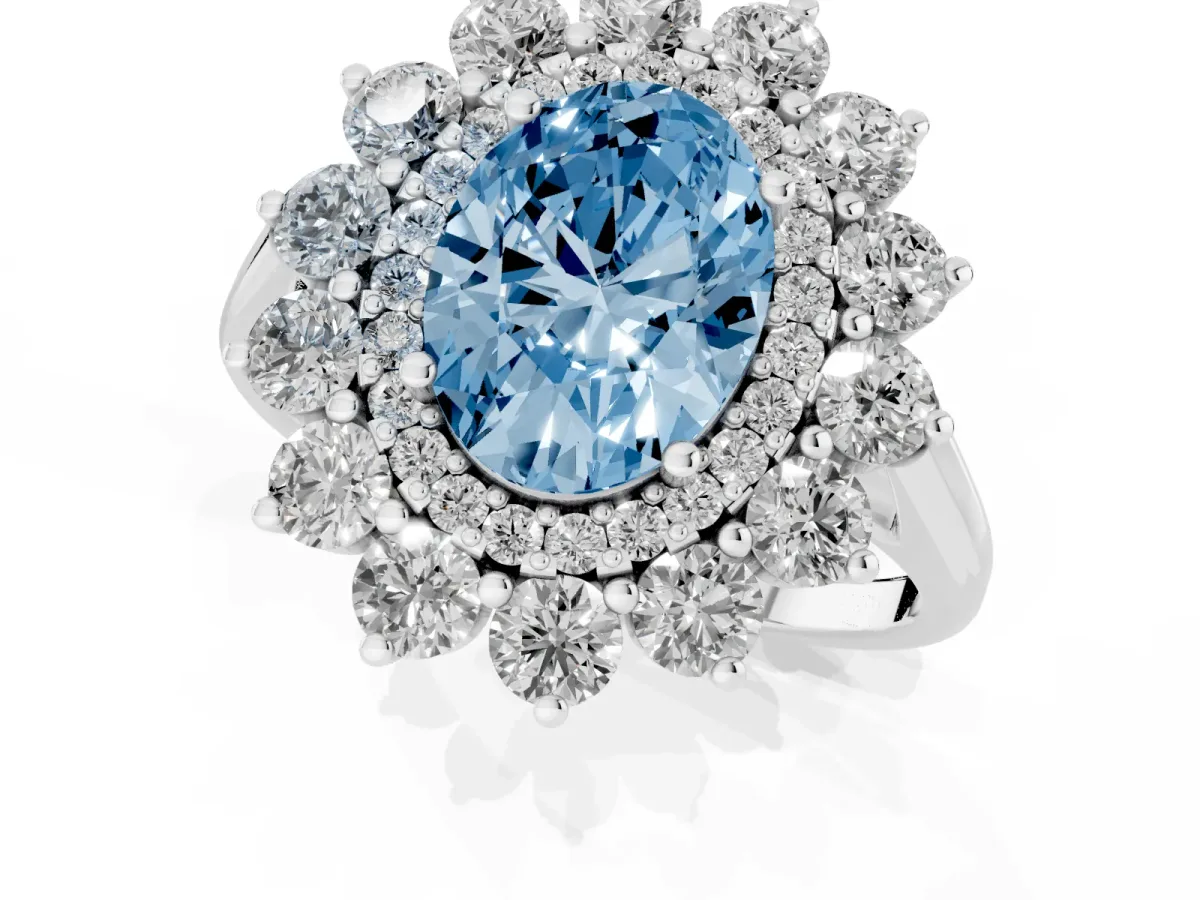 Fancy Blue Oval Cut Diamond Floral Double Halo Engagement Ring with Prong Setting Silver