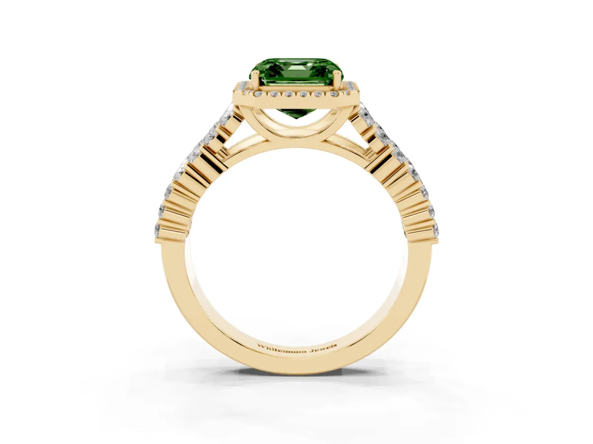 Fancy Green Asscher Cut Diamond Halo Engagement Ring with Triple Row Round Pavé Band and Prong Setting Yellow gold