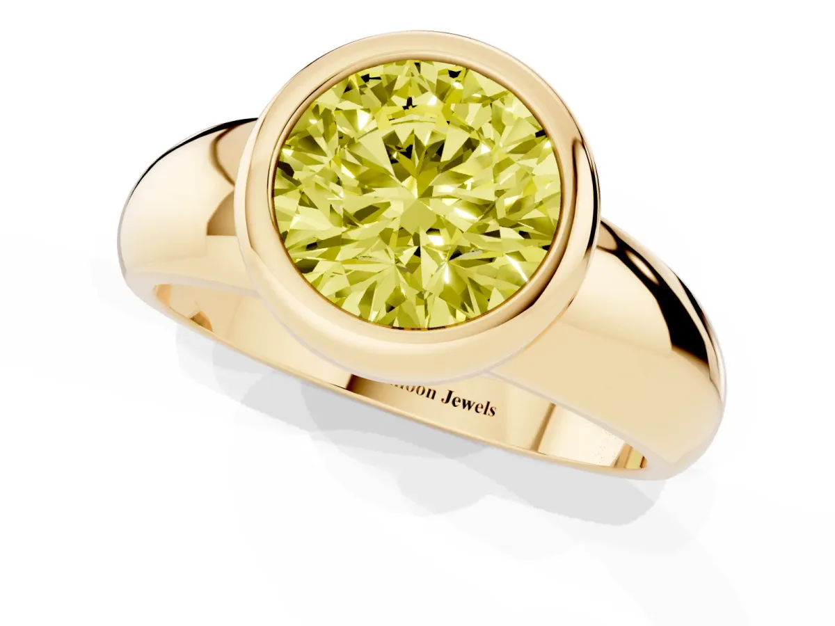 Fancy Yellow Bezel Set Round Cut Solitaire Ring with Wide Band Yellow gold