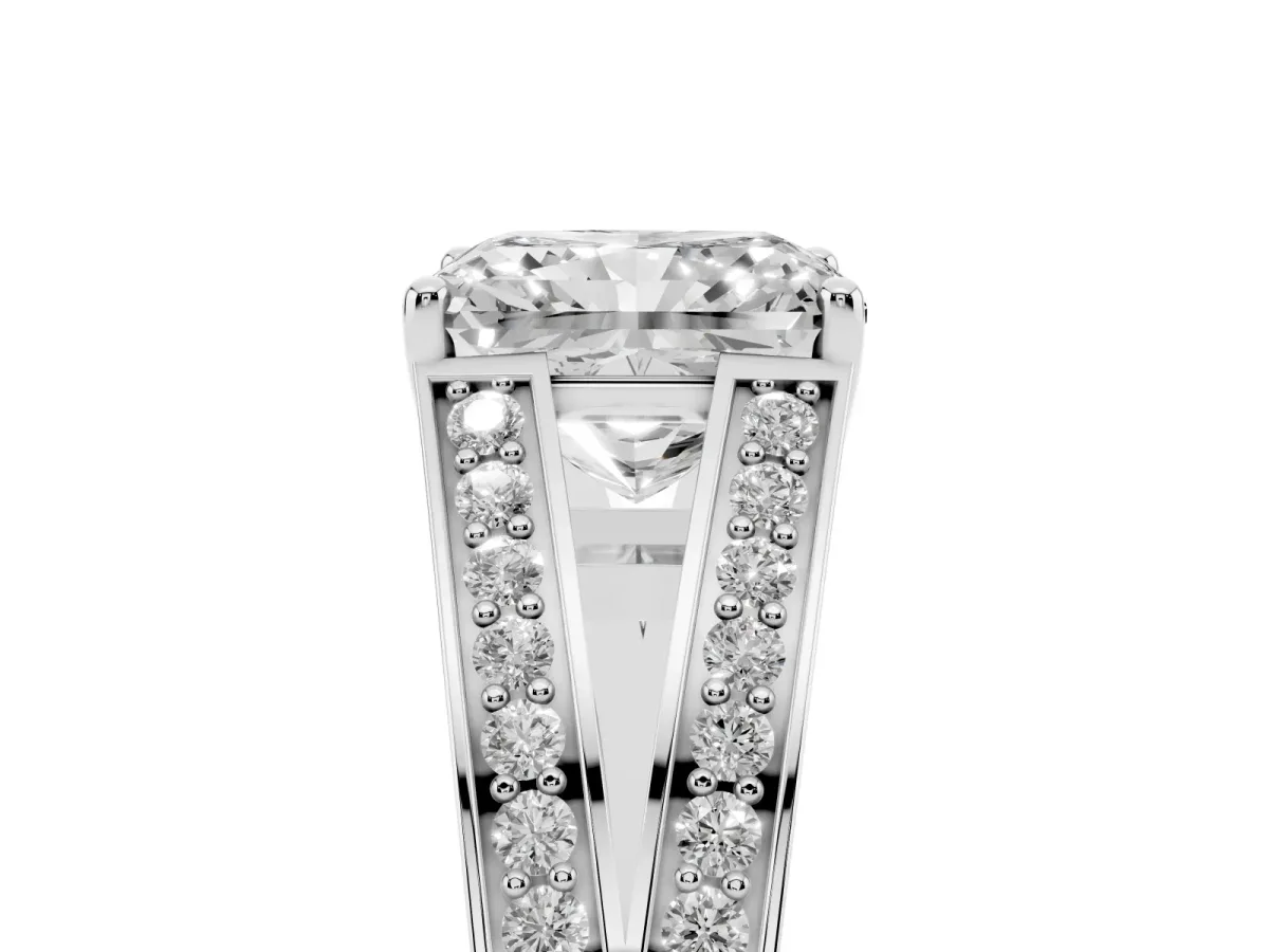 Radiant Cut Diamond Split Shank Ring with Pavé Band and Four-Prong Setting White gold