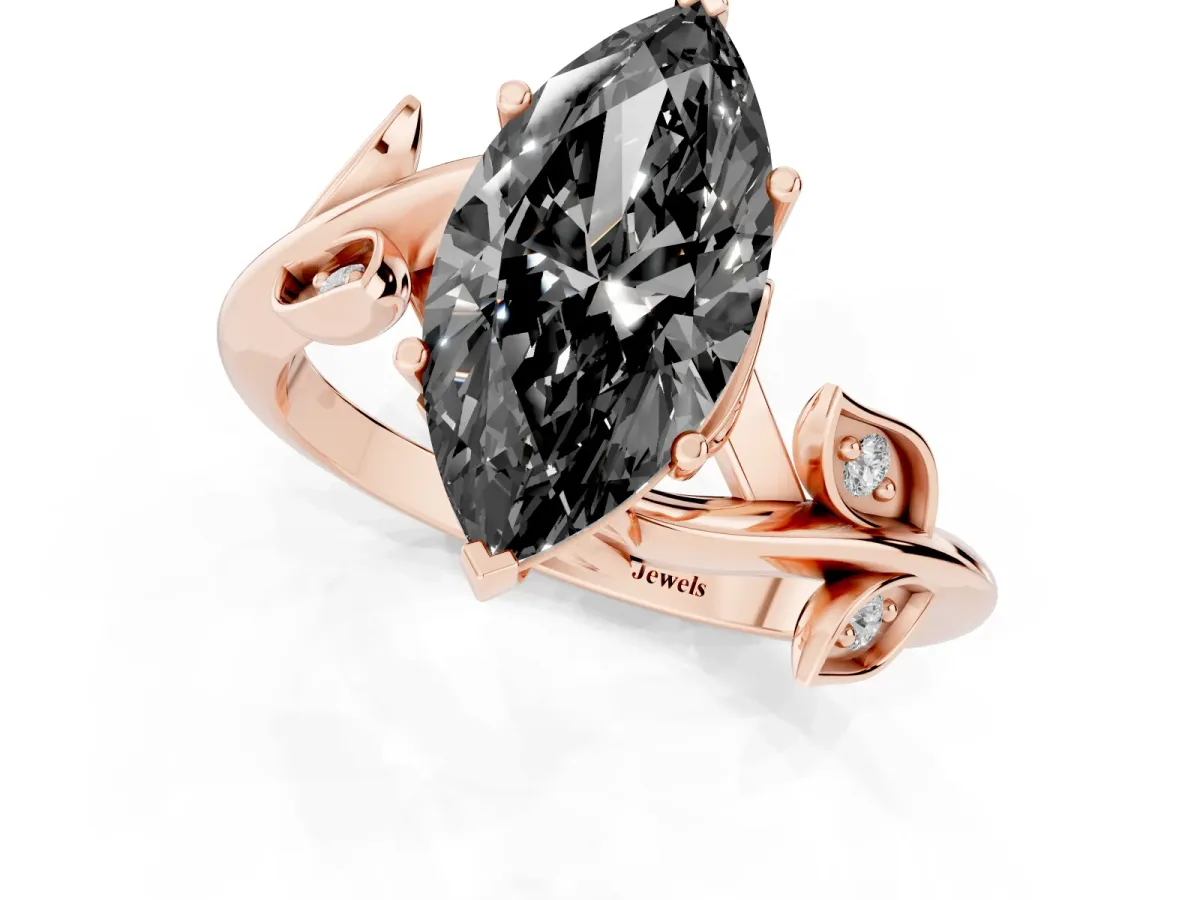 Fancy Black Marquise Cut Solitaire Twist Engagement Ring with Leaf Accents and Prong Setting Rose gold