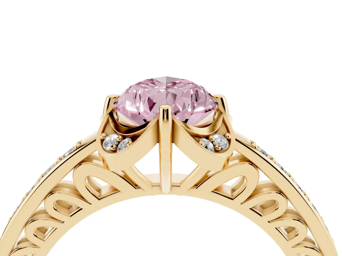 Fancy Pink Pear Cut Cut Halo Diamond Ring with Channel Set Band and Four-Prong Setting Yellow gold