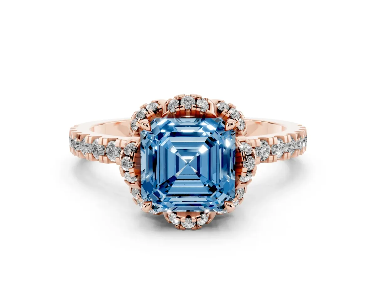 Fancy Blue Asscher Cut Diamond Halo Pave Band with Four-Prong Setting Rose gold