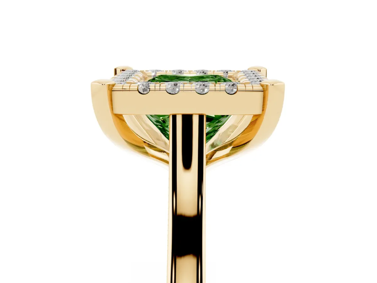 Fancy Green Princess Cut Diamond Cluster Halo Solitaire with Four-Prong Setting Yellow gold