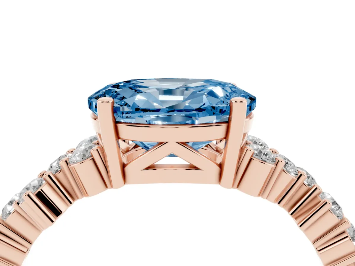 Fancy Blue Oval Cut Diamond Scattered Round Accent Ring with Prong Setting Rose gold