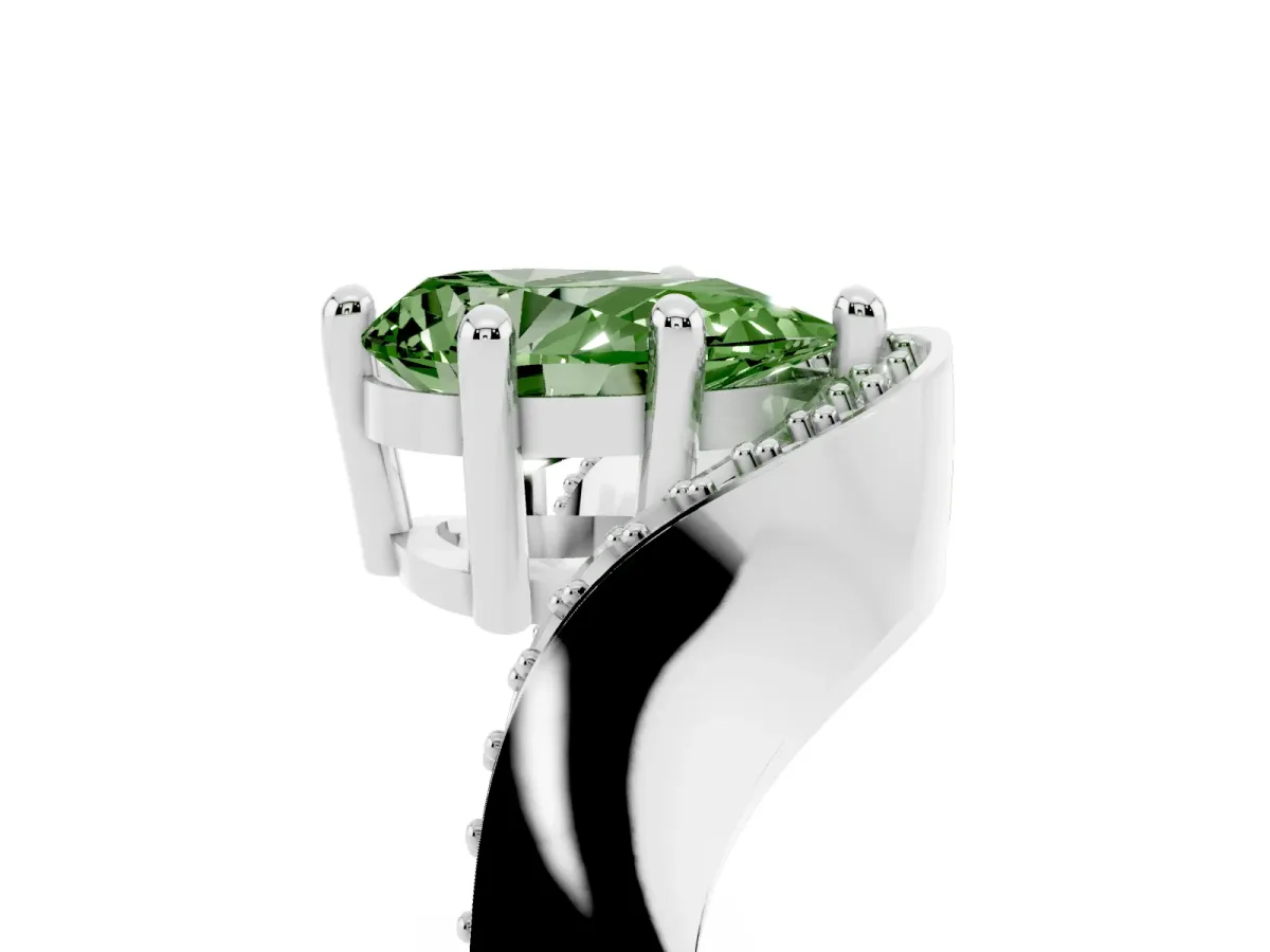 Fancy Green Pear Cut Solitaire Diamond Engagement Ring with Pave Band and Four-Prong Setting White gold