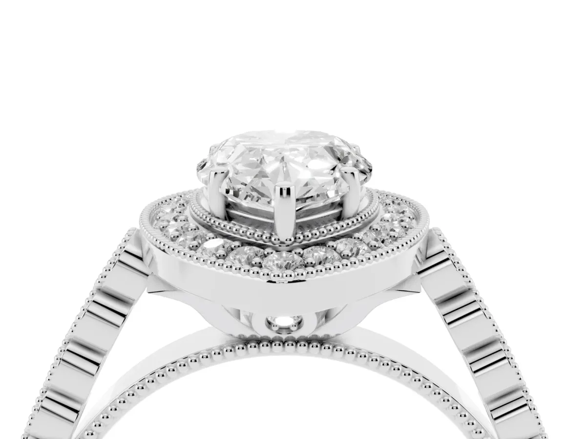 Pear Cut Halo Milgrain Solitaire with Bezel Set Side Stones and Pave Band White gold
