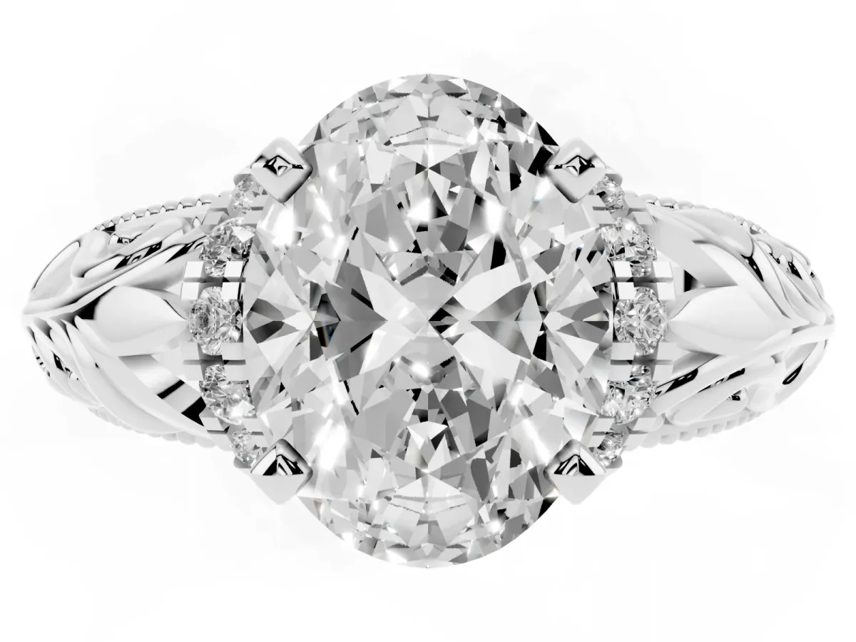 Oval Cut Solitaire Filigree Engagement Ring with Halo and Prong Setting Platinum