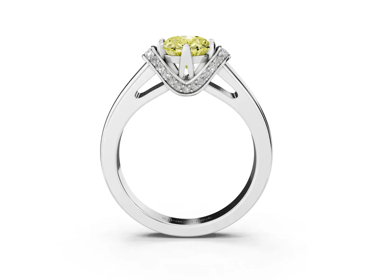 Fancy Yellow Oval Cut Solitaire Diamond Ring with Pave Band and Six-Prong Setting Silver