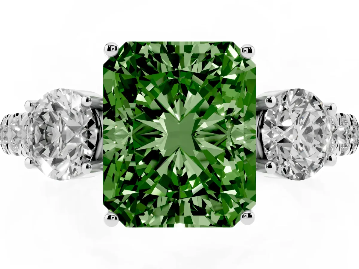 Fancy Green Radiant Cut Cut Diamond Three-Stone Ring with Round Side Stones and Pavé Band Silver