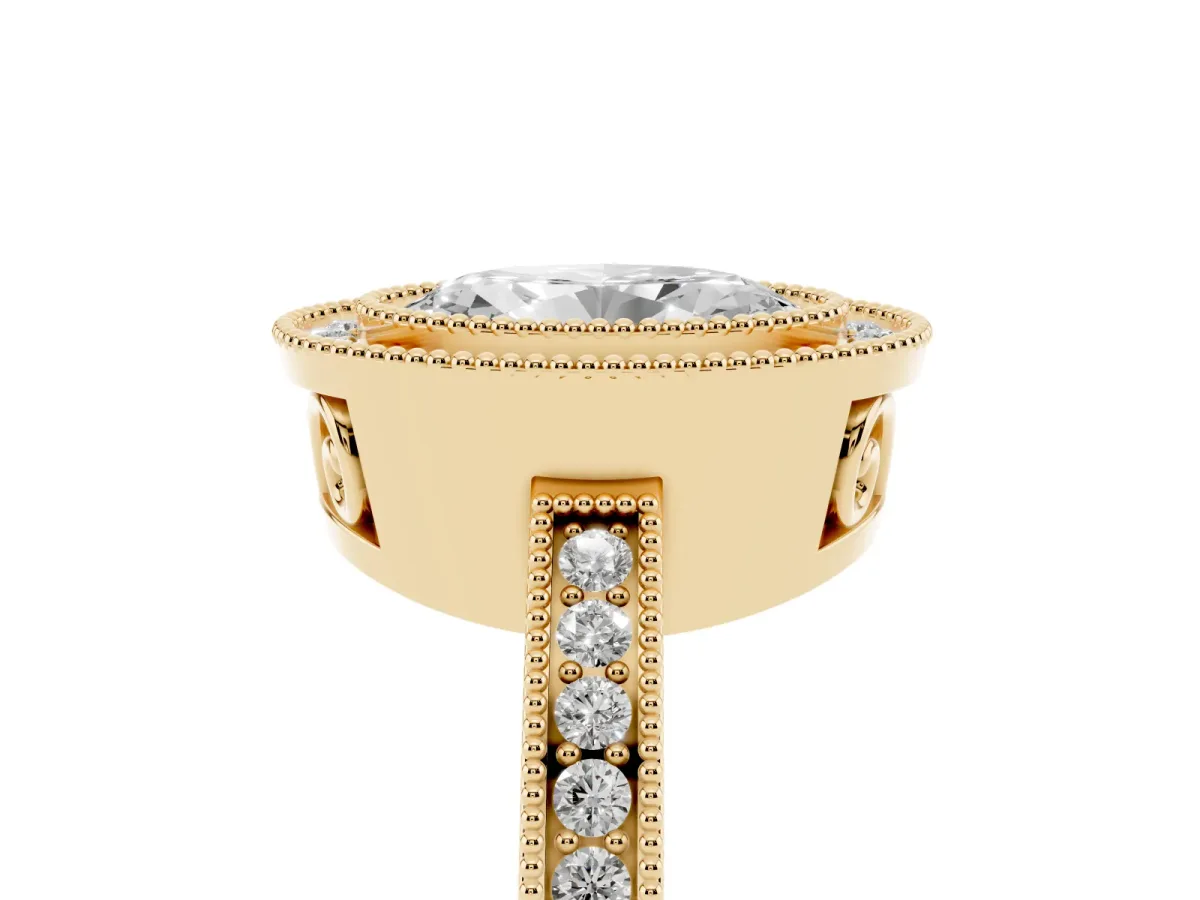 Oval Cut Cut Halo Diamond Ring with Pavé Band and Milgrain Prong Setting Yellow gold