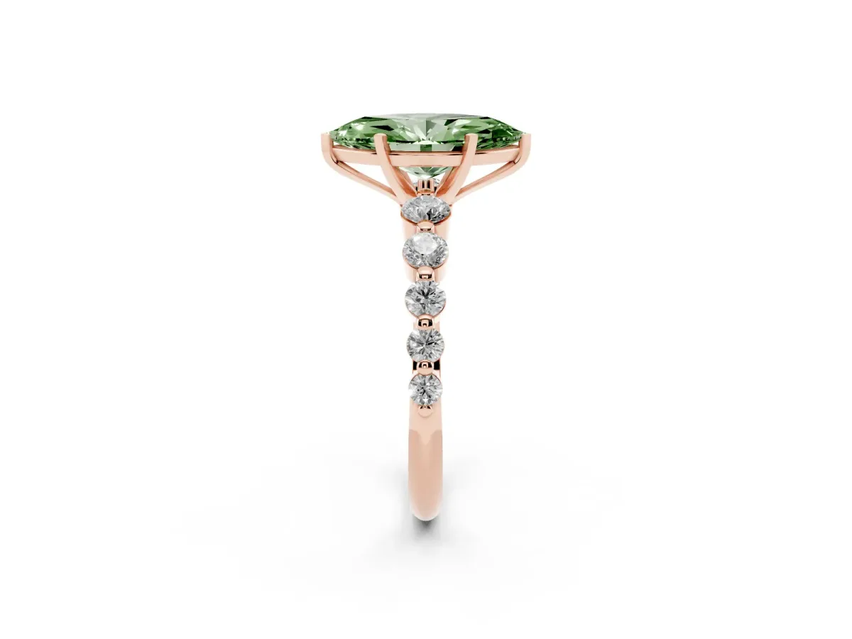 Fancy Green Marquise Cut Solitaire Diamond Ring with Pave Band and Four-Prong Setting Rose gold