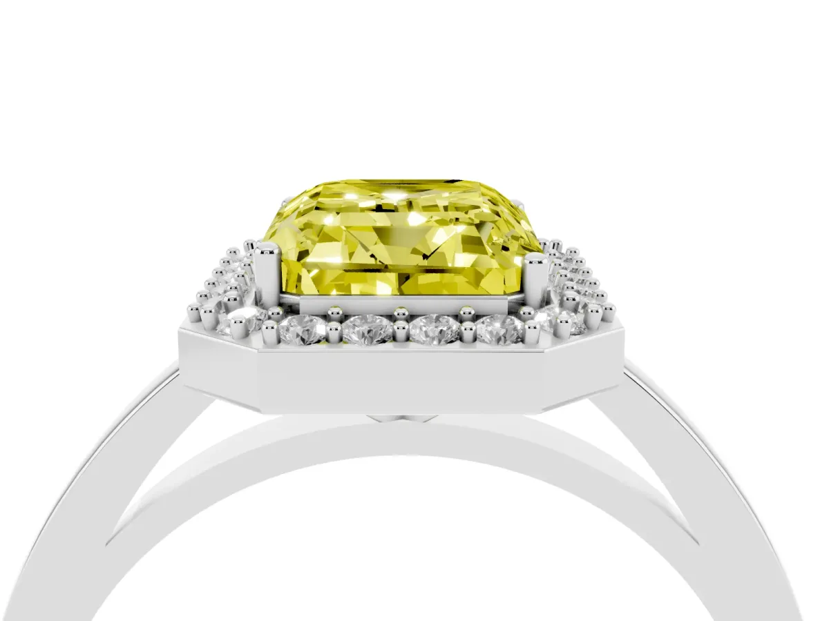 Fancy Yellow Radiant Cut Halo Diamond Ring with Solitaire Band and Prong Setting Silver