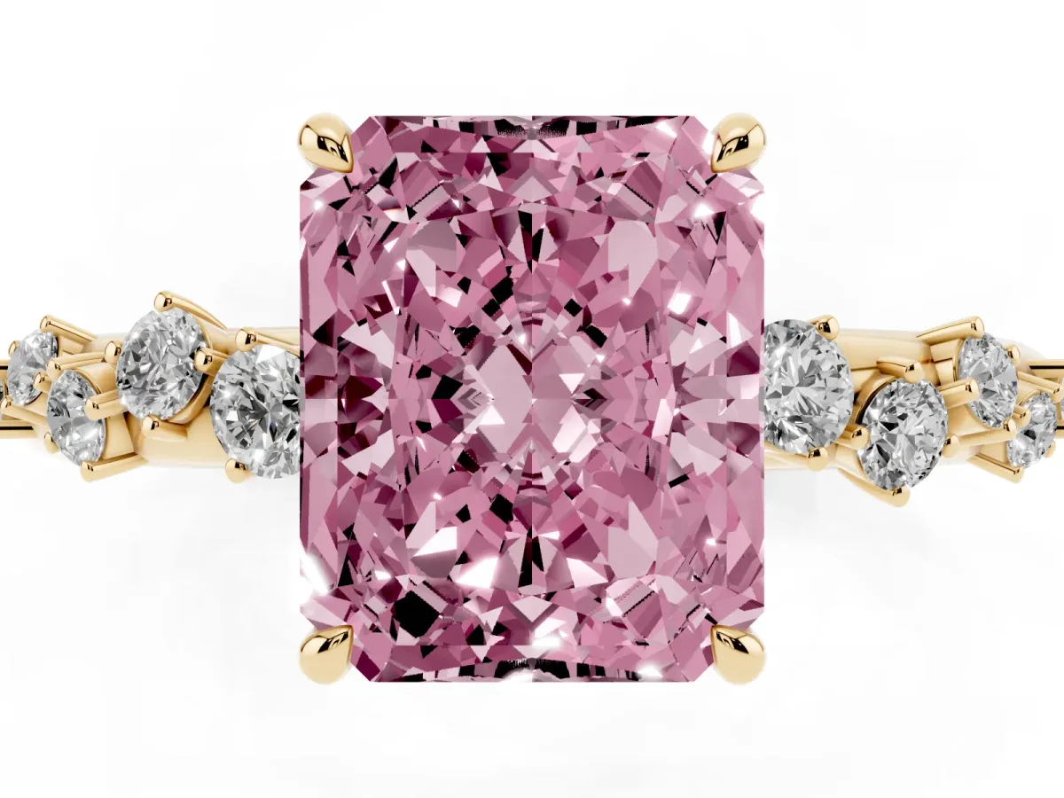 Fancy Pink Radiant Cut Diamond Cluster Prong-Set Solitaire Ring Yellow gold
