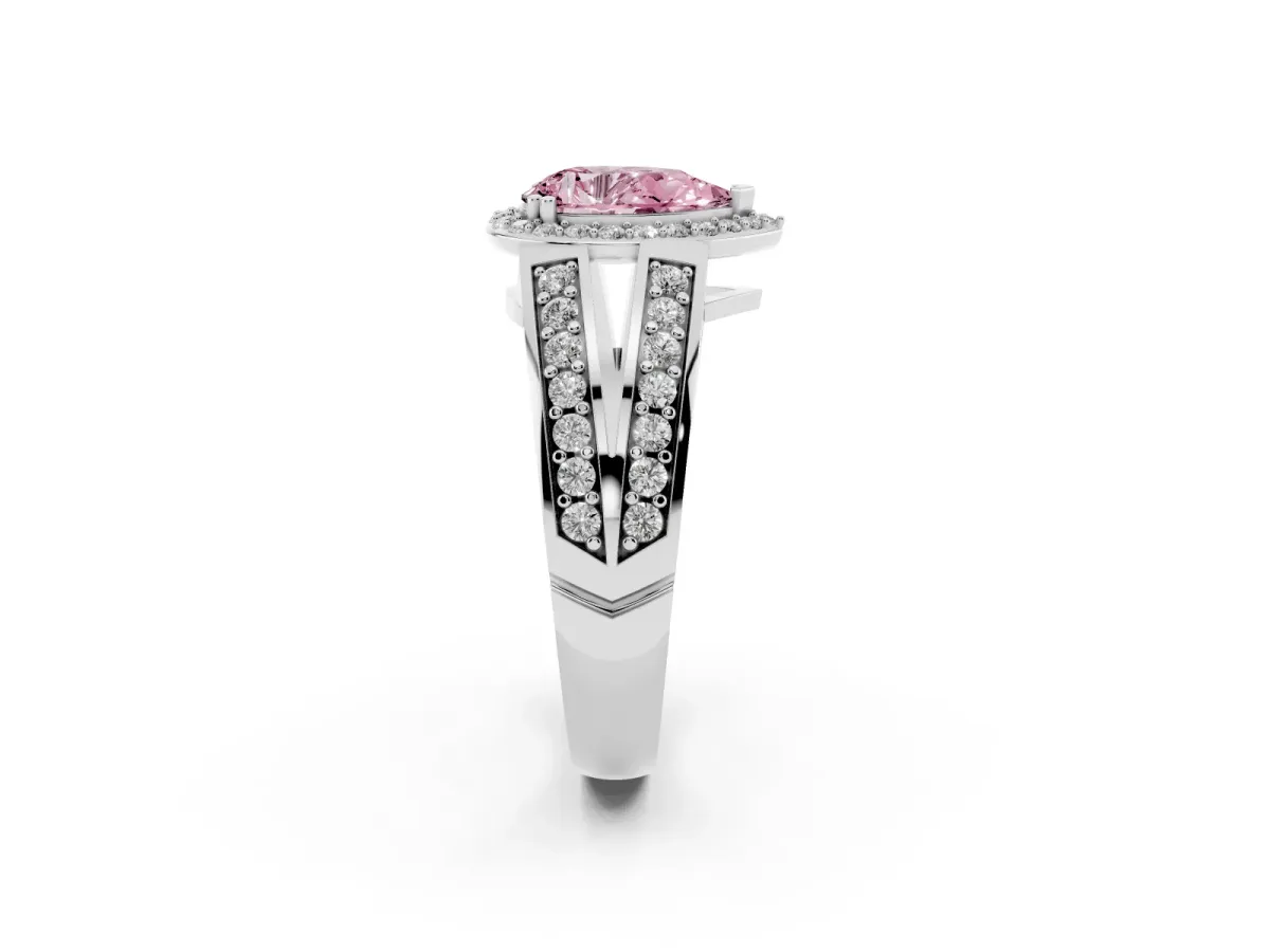 Fancy Pink Pear Cut Diamond Halo Ring with Split Shank Pavé Band and Four-Prong Setting Silver
