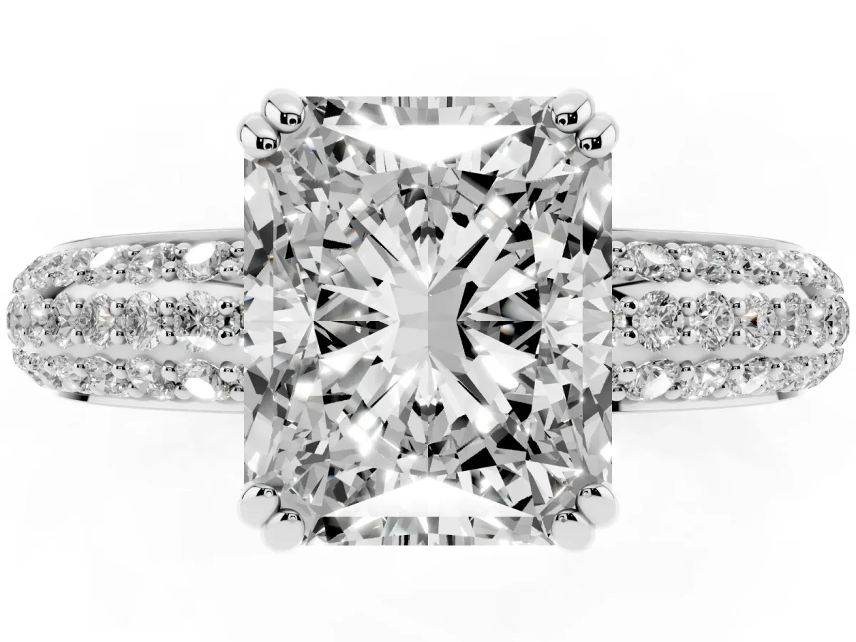 Radiant Cut Diamond Solitaire Ring with Multi-Row Round Pavé Band and Prong Setting Silver