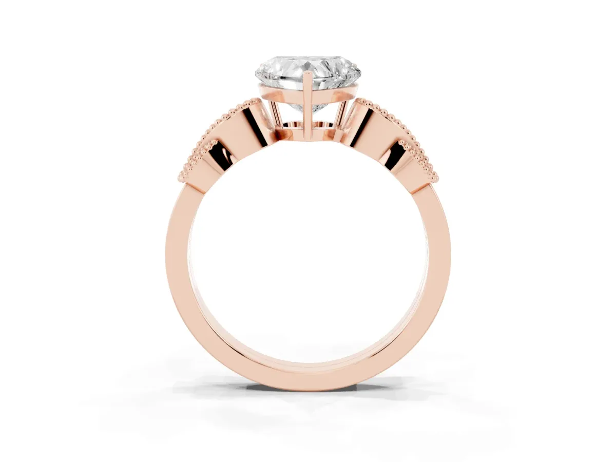 Heart Cut Solitaire Milgrain Leaf Band with Prong Setting Rose gold
