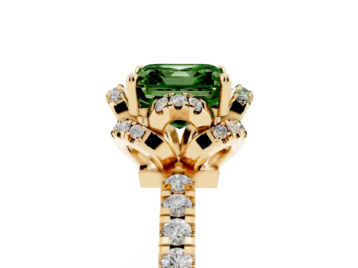 Fancy Green Asscher Cut Diamond Halo Pave Band with Four-Prong Setting Yellow gold