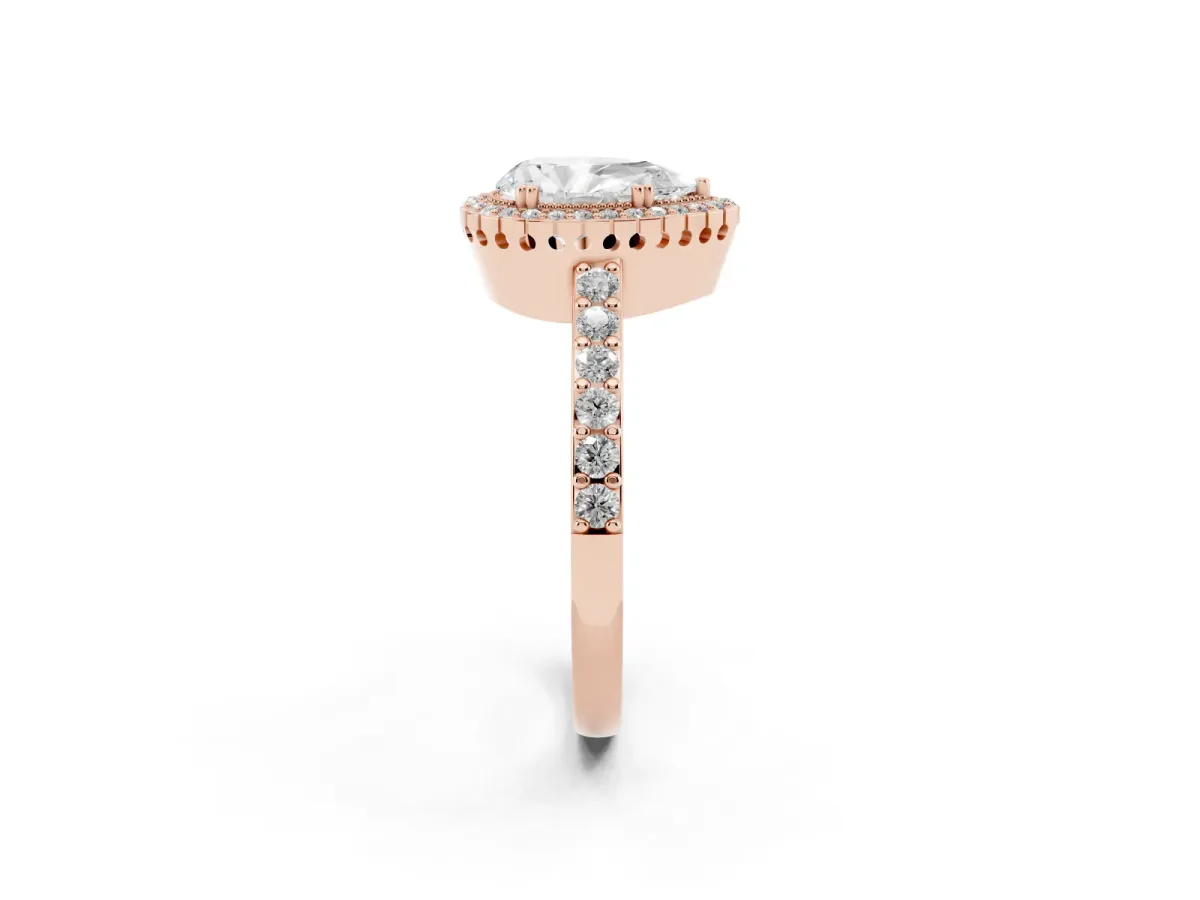 Pear Cut Cut Diamond Halo Engagement Ring with Milgrain Detail and Pavé Band Rose gold