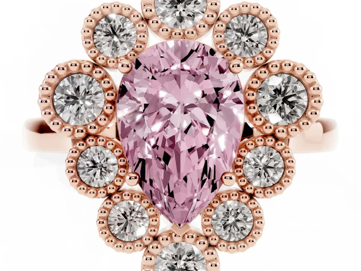 Fancy Pink Pear Cut Halo Diamond Cluster Engagement Ring with Milgrain Bezel Setting and Solitaire Band Rose gold