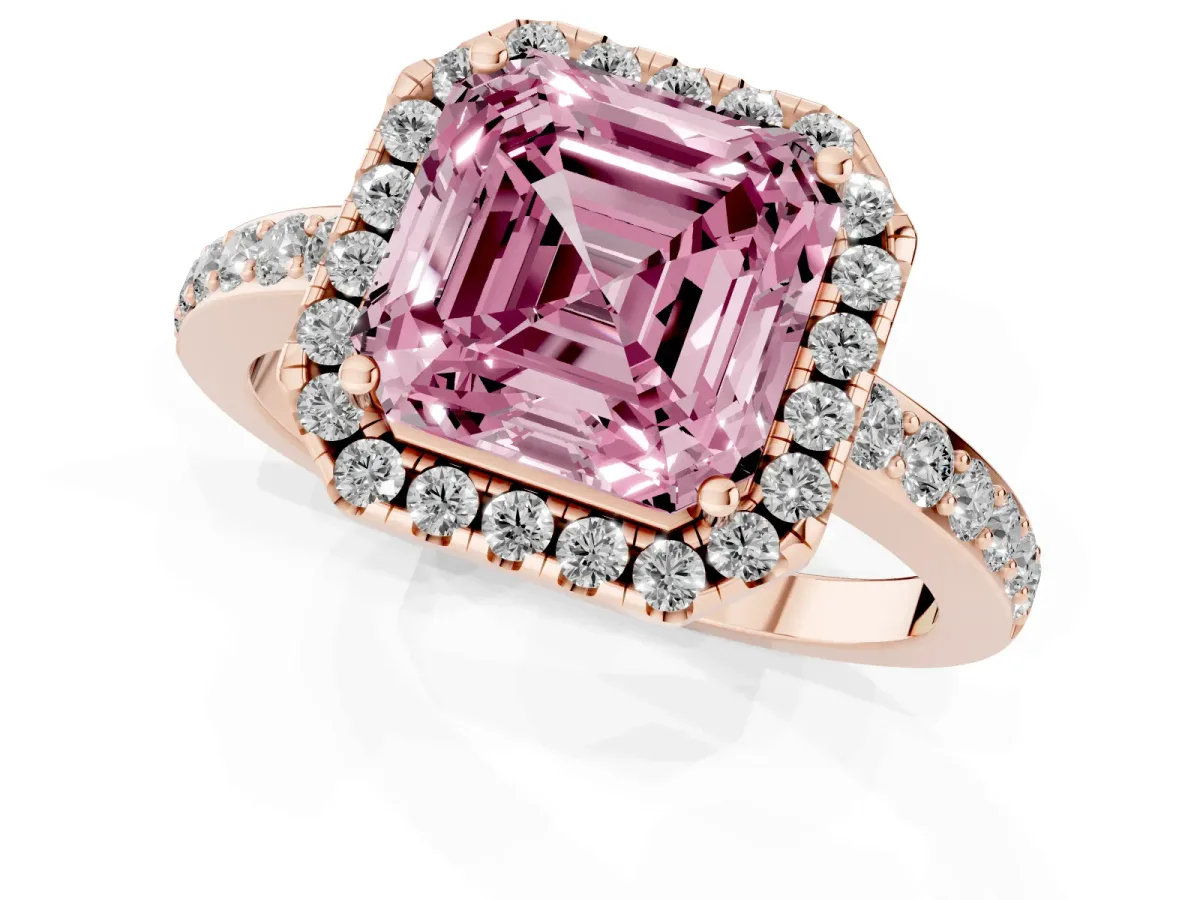 Fancy Pink Asscher Cut Halo Diamond Pavé Band Ring with Prong Setting Rose gold