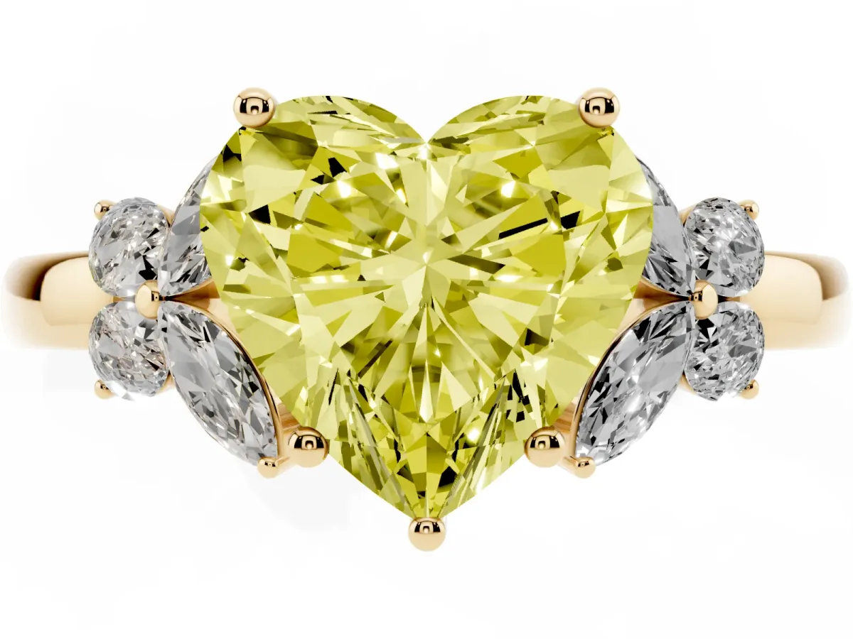 Fancy Yellow Heart Cut Cut Solitaire Floral Diamond Ring with Four-Prong Setting Yellow gold
