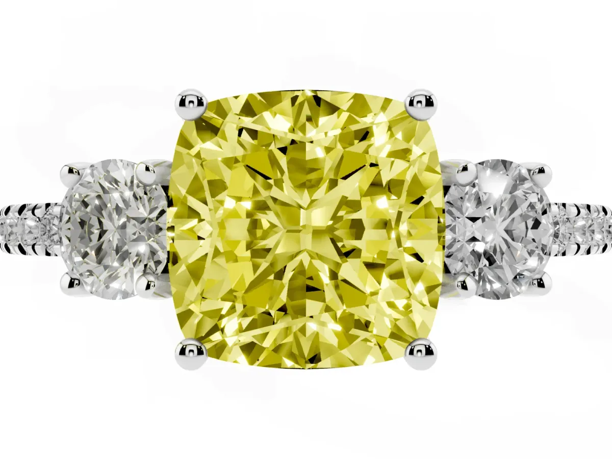 Fancy Yellow Three-Stone Cushion Cut Cut Diamond Pavé Band with Prong Setting Silver