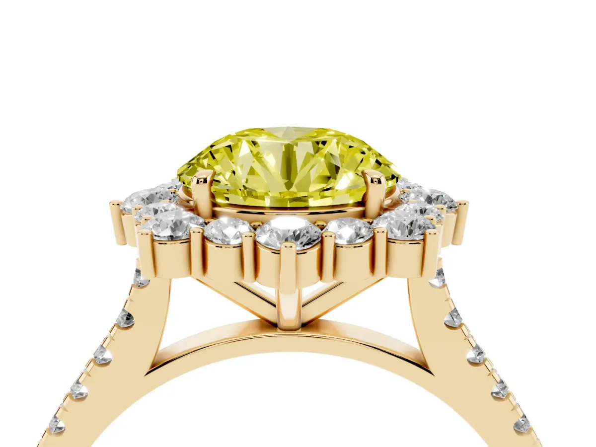 Fancy Yellow Round Cut Halo Diamond Ring with Pavé Band and Prong Setting Yellow gold