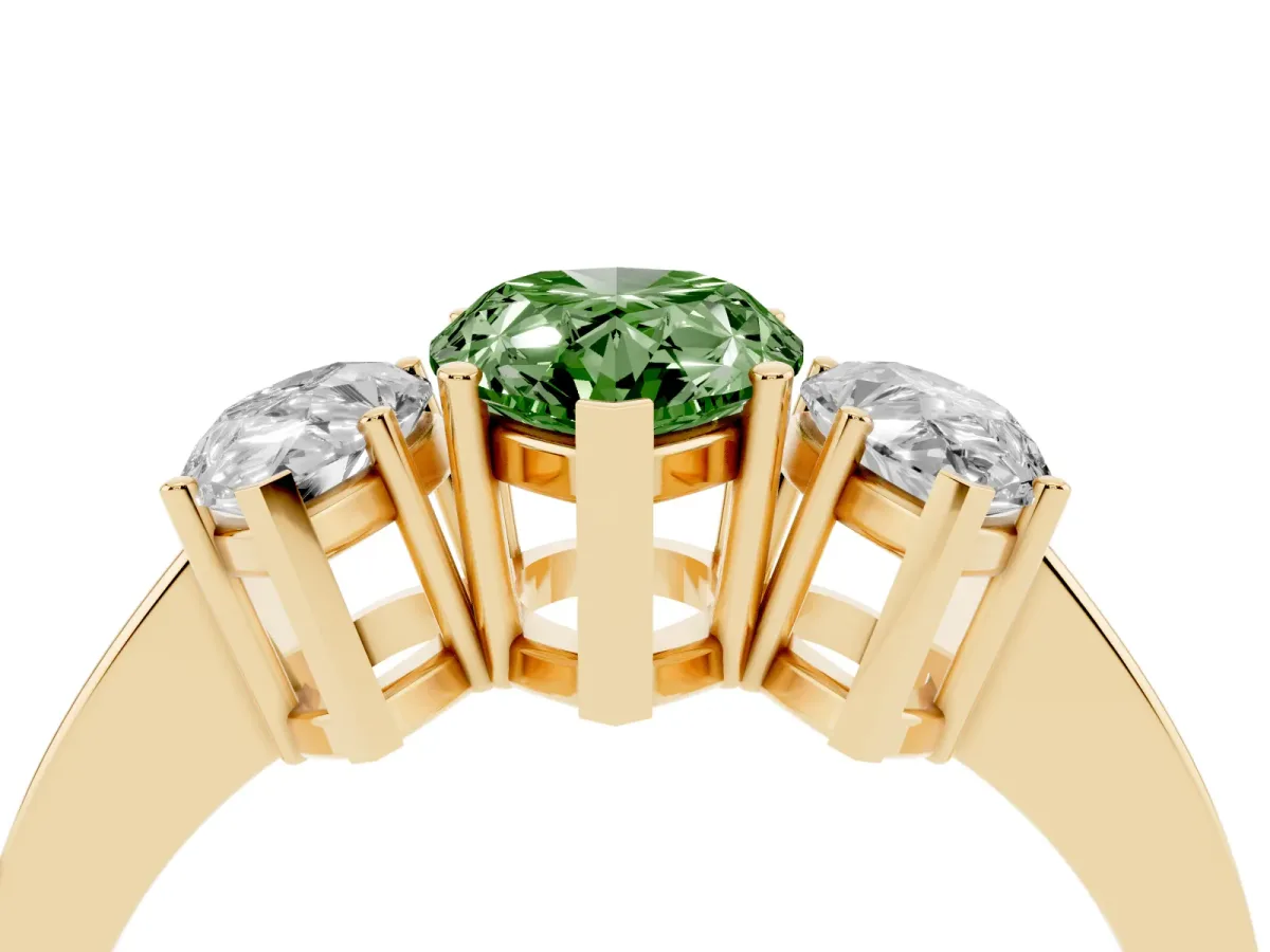 Fancy Green Three-Stone Pear Cut Cut Diamond Engagement Ring with Flat Band and Four-Prong Setting Yellow gold