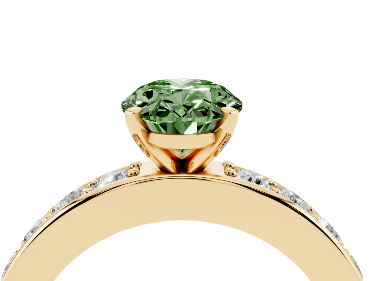 Fancy Green Oval Cut Diamond Engagement Ring with Channel Set Round Band and Prong Setting Yellow gold