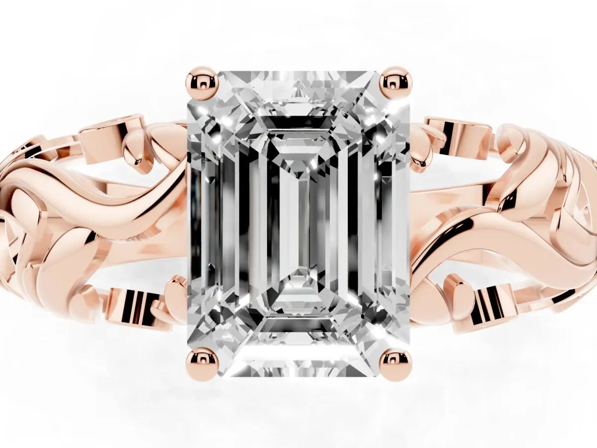 Emerald Cut Solitaire Diamond Leaf-Inspired Vine Band Ring with Prong Setting Rose gold