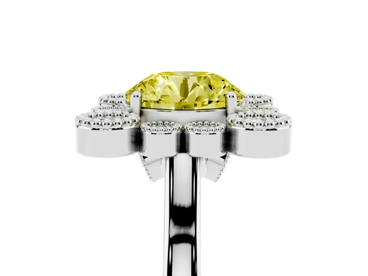 Fancy Yellow Round Cut Halo Diamond Cluster Engagement Ring with Milgrain Bezel Setting and Solitaire Band Silver