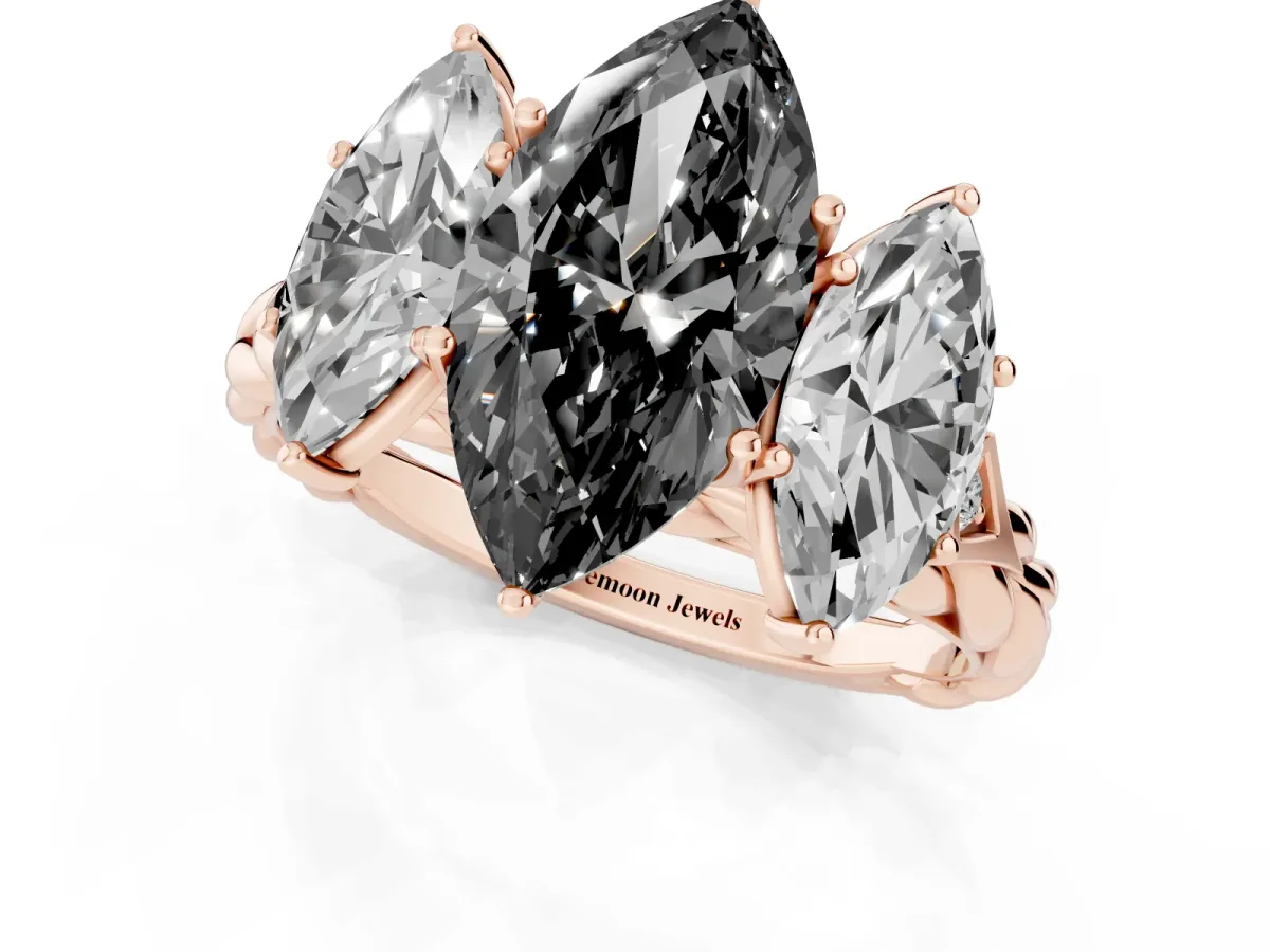 Fancy Black Three-Stone Marquise Cut Diamond Braided Band Ring with Four-Prong Setting Rose gold