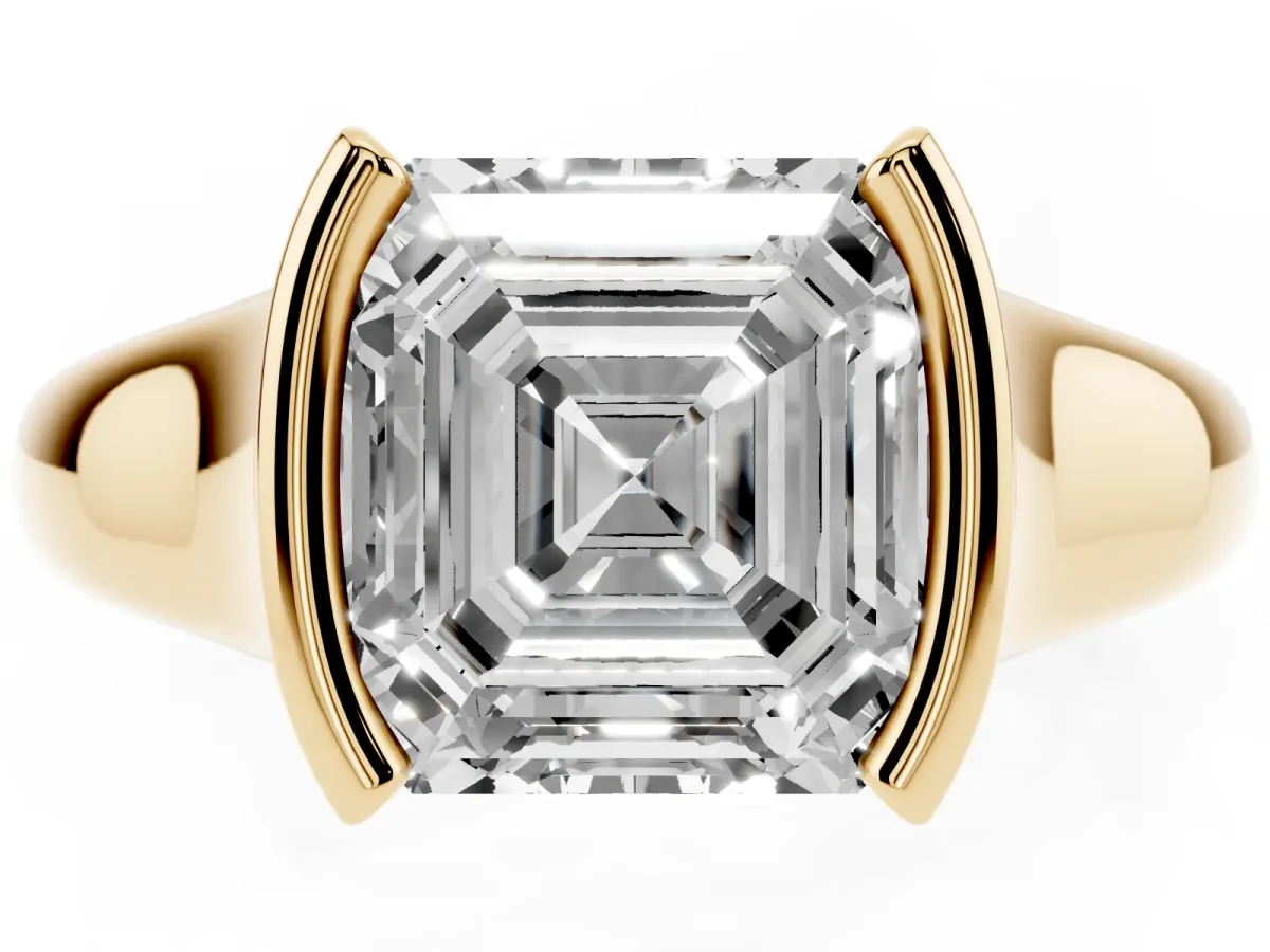 Asscher Cut Solitaire Tension Set Diamond Ring with Split Shank Band Yellow gold